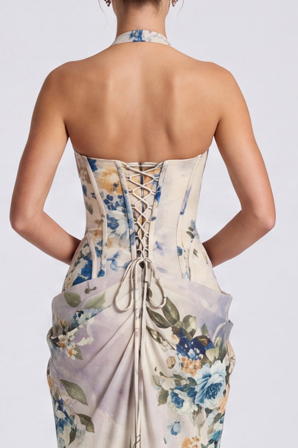 Ivory Floral Halter Corset Ruched Long Formal Dress with Slit