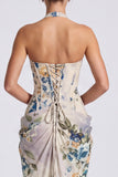 Ivory Floral Halter Corset Ruched Long Formal Dress with Slit
