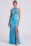 Pink Floral Sparkly Mermaid Beaded Keyhole Long Formal Dress with Slit