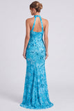Pink Floral Sparkly Mermaid Beaded Keyhole Long Formal Dress with Slit