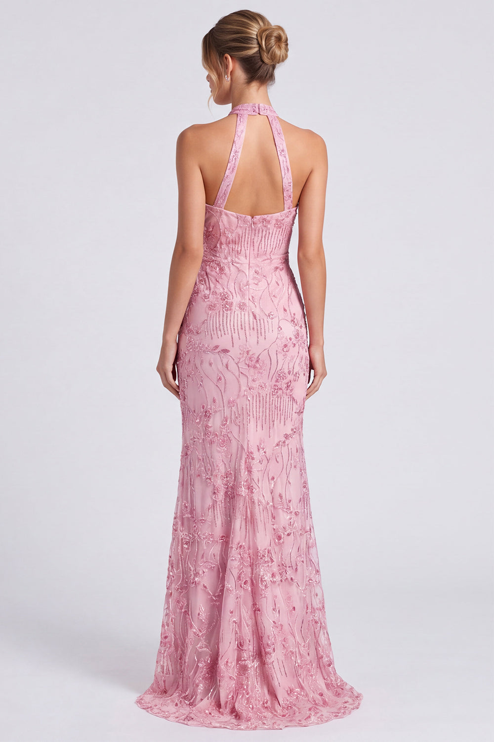 Pink Floral Sparkly Mermaid Beaded Keyhole Long Formal Dress with Slit