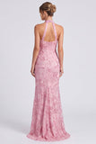 Pink Floral Sparkly Mermaid Beaded Keyhole Long Formal Dress with Slit