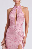 Pink Floral Sparkly Mermaid Beaded Keyhole Long Formal Dress with Slit