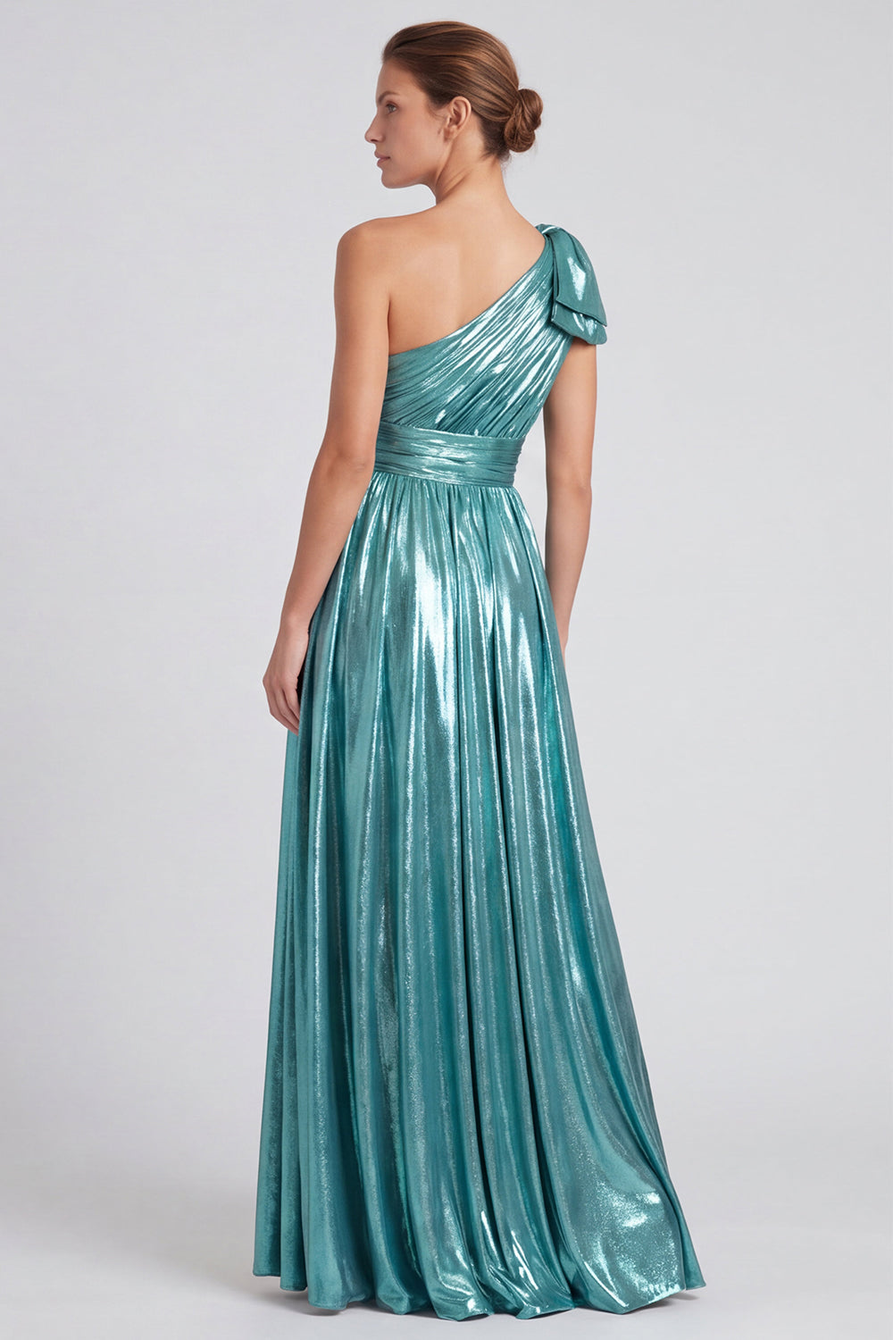 Gold Metallic A Line Pleated One Shoulder Long Formal Dress with Bow