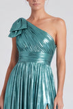 Gold Metallic A Line Pleated One Shoulder Long Formal Dress with Bow