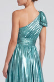 Gold Metallic A Line Pleated One Shoulder Long Formal Dress with Bow