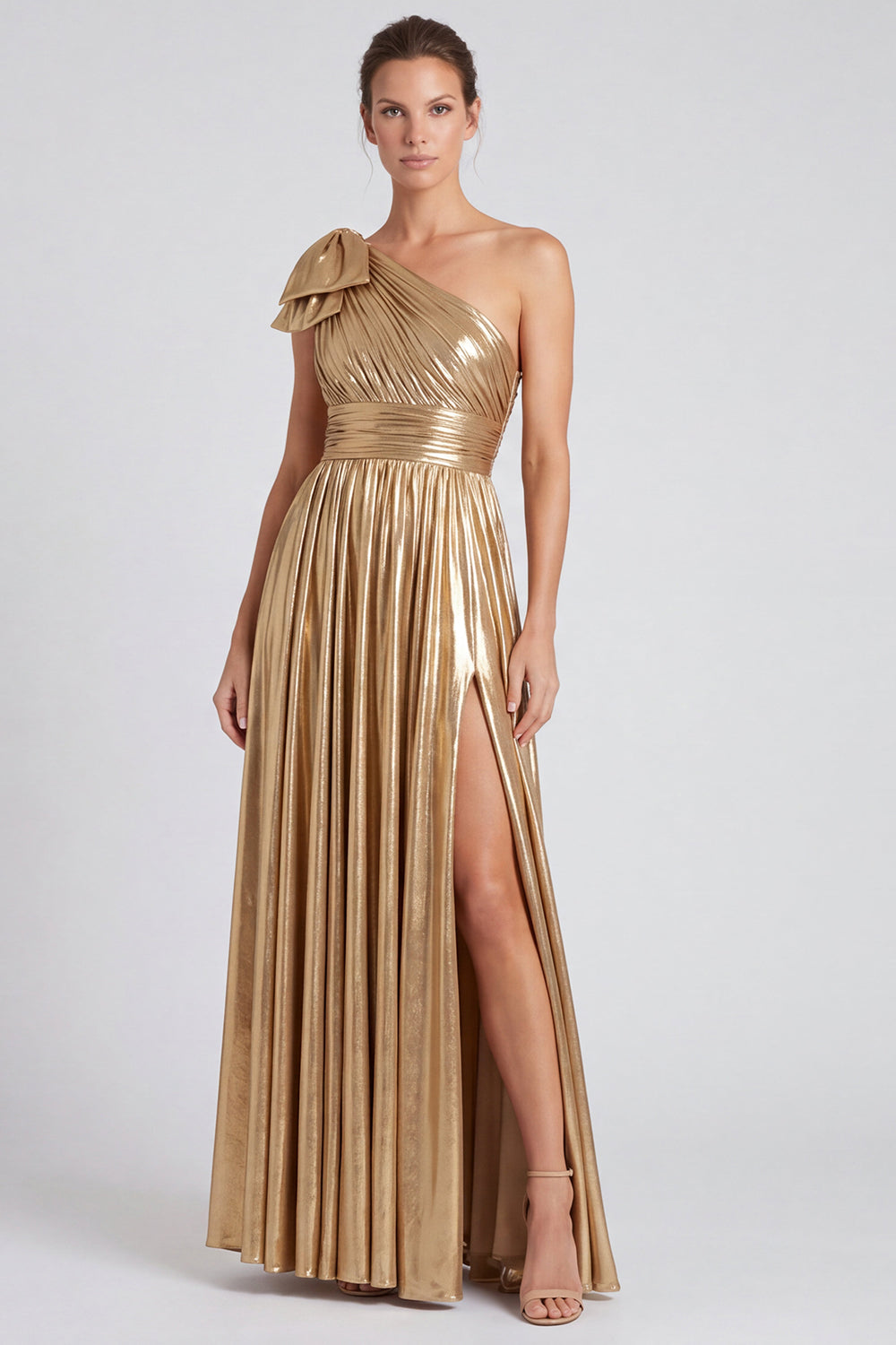 Gold Metallic A Line Pleated One Shoulder Long Formal Dress with Bow