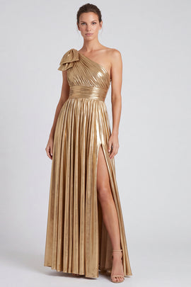 Gold Metallic A Line Pleated One Shoulder Long Formal Dress with Bow