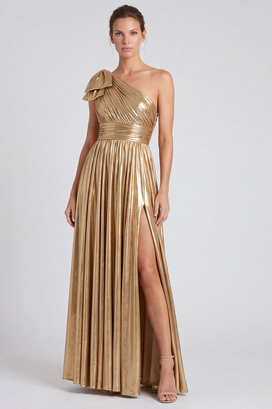 Gold Metallic A Line Pleated One Shoulder Long Formal Dress with Bow