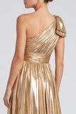 Gold Metallic A Line Pleated One Shoulder Long Formal Dress with Bow
