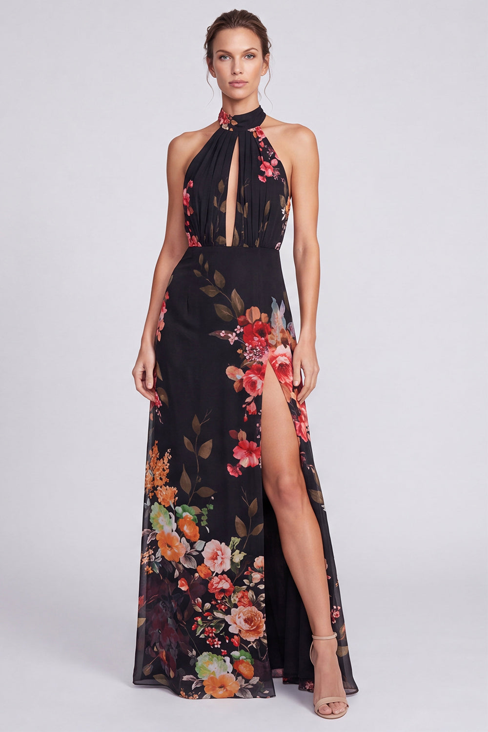 Black Floral A Line Halter Keyhole Long Formal Dress with Slit