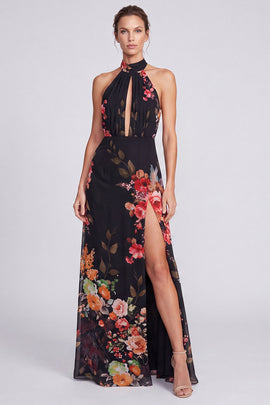 Black Floral A Line Halter Keyhole Long Formal Dress with Slit