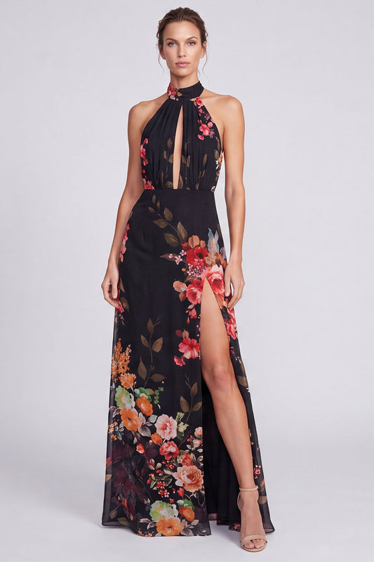 Black Floral A Line Halter Keyhole Long Formal Dress with Slit