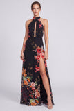 Black Floral A Line Halter Keyhole Long Formal Dress with Slit
