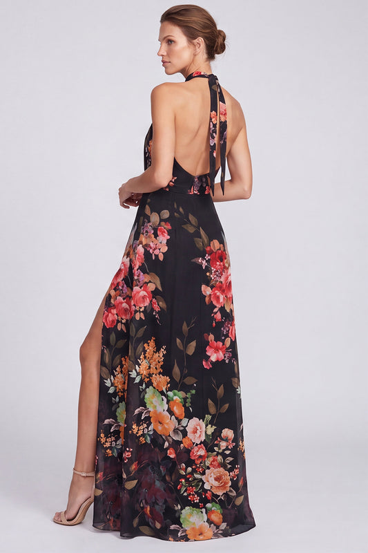 Black Floral A Line Halter Keyhole Long Formal Dress with Slit