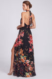 Black Floral A Line Halter Keyhole Long Formal Dress with Slit