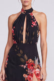 Black Floral A Line Halter Keyhole Long Formal Dress with Slit
