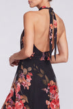 Black Floral A Line Halter Keyhole Long Formal Dress with Slit