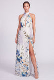 Black Floral A Line Halter Keyhole Long Formal Dress with Slit