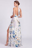 Black Floral A Line Halter Keyhole Long Formal Dress with Slit