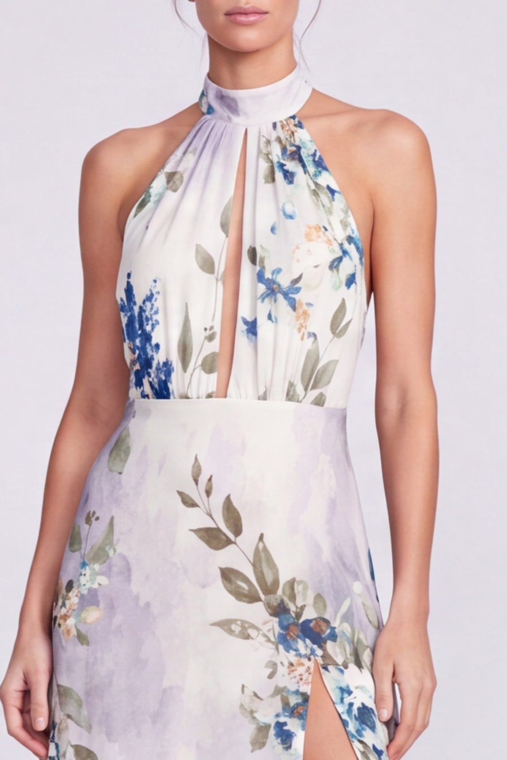 Black Floral A Line Halter Keyhole Long Formal Dress with Slit