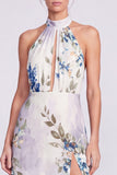 Black Floral A Line Halter Keyhole Long Formal Dress with Slit