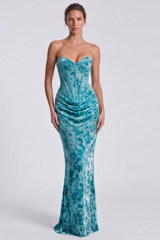 Blue Floral Mermaid Sweetheart Corset Velvet Long Formal Dress