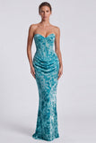 Blue Floral Mermaid Sweetheart Corset Velvet Long Formal Dress