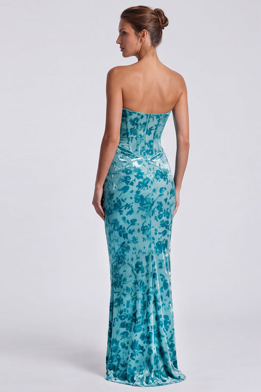 Blue Floral Mermaid Sweetheart Corset Velvet Long Formal Dress