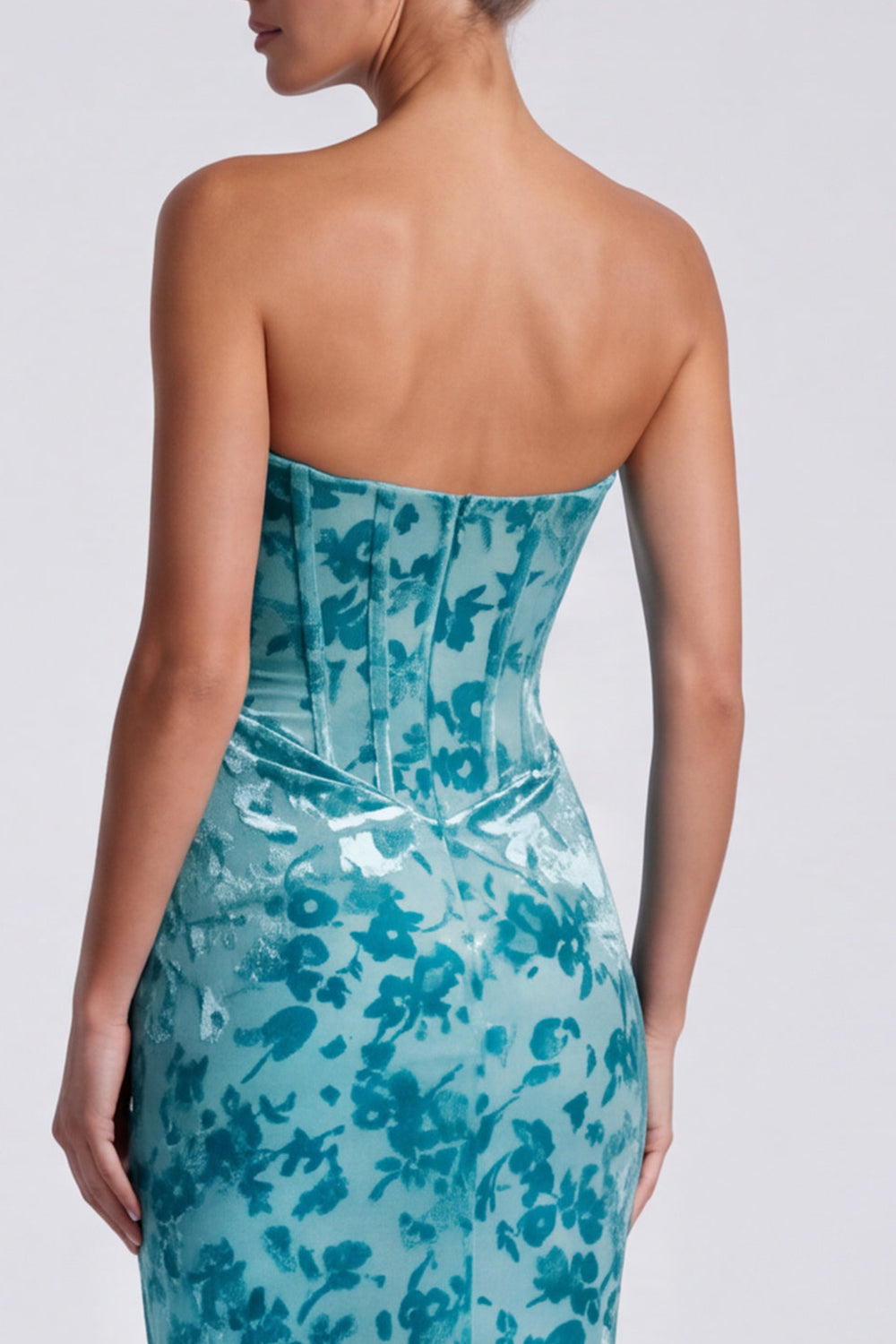 Blue Floral Mermaid Sweetheart Corset Velvet Long Formal Dress