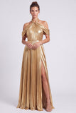 Gold Metallic Halter A Line Pleated Long Formal Dress with Slit