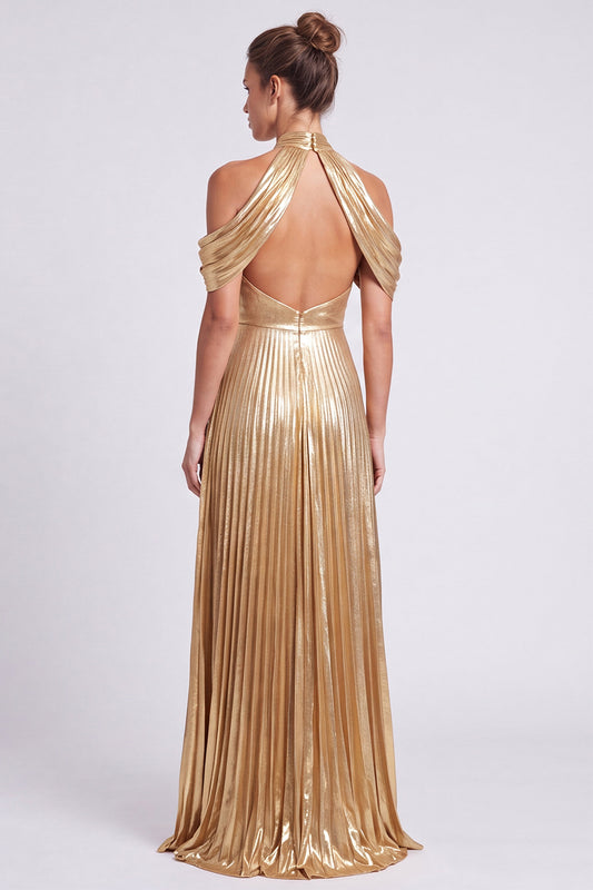 Gold Metallic Halter A Line Pleated Long Formal Dress with Slit