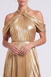 Gold Metallic Halter A Line Pleated Long Formal Dress with Slit