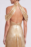 Gold Metallic Halter A Line Pleated Long Formal Dress with Slit