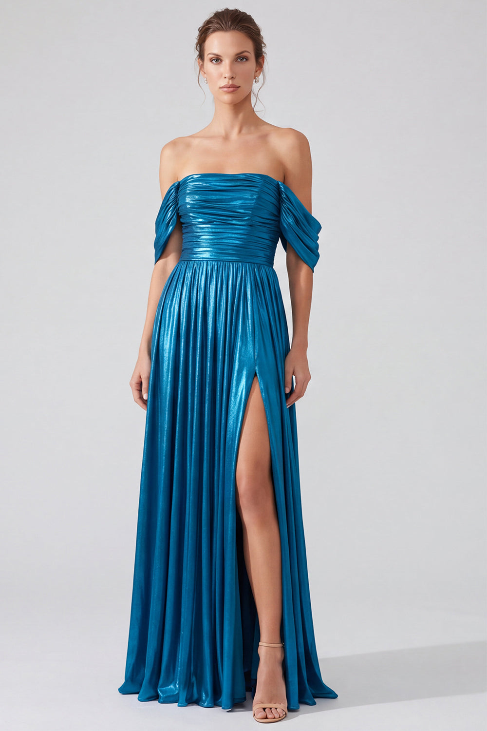 Gold A Line Pleated Metallic Long Formal Dress with Slit