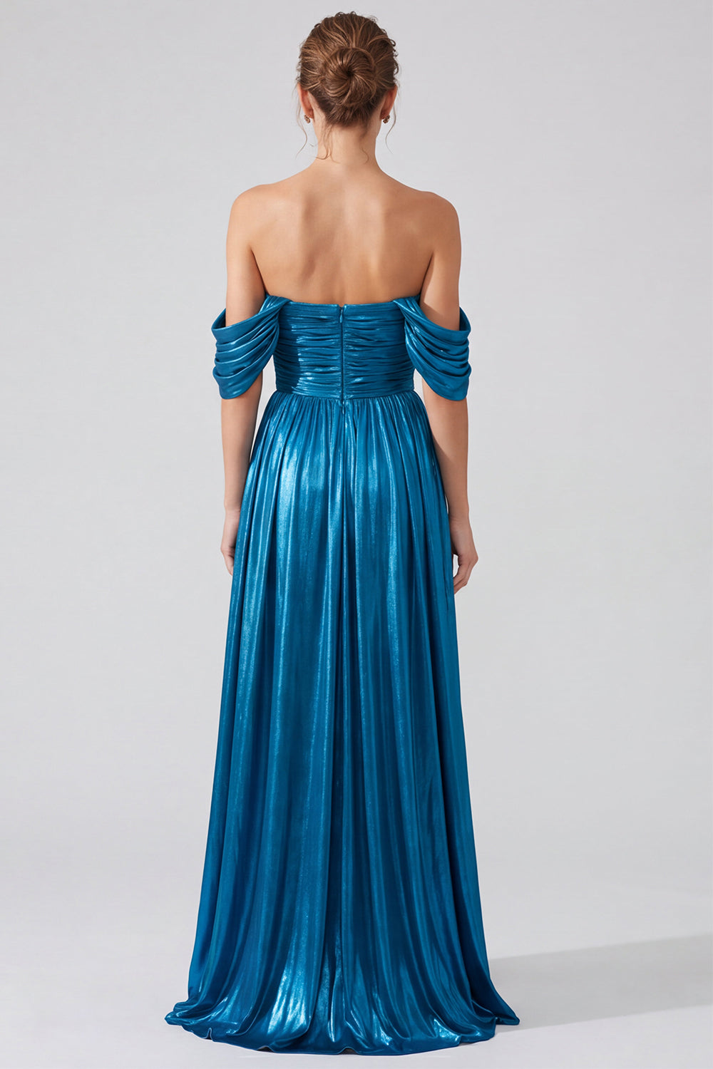 Gold A Line Pleated Metallic Long Formal Dress with Slit