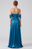 Gold A Line Pleated Metallic Long Formal Dress with Slit