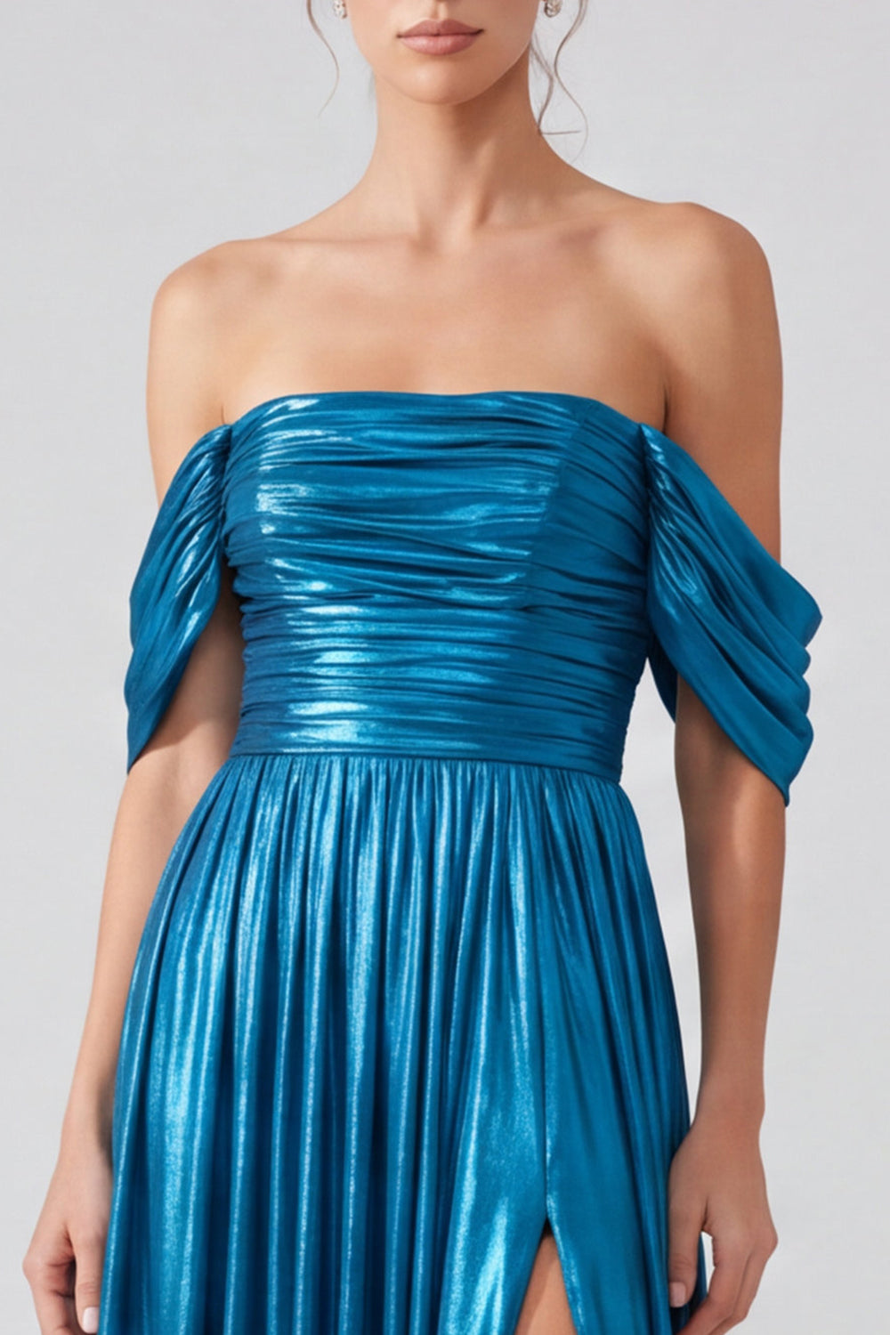 Gold A Line Pleated Metallic Long Formal Dress with Slit