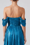 Gold A Line Pleated Metallic Long Formal Dress with Slit