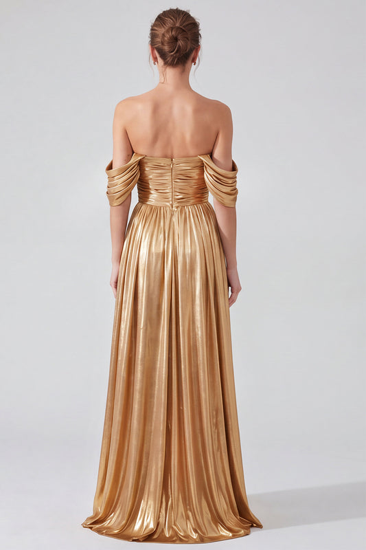 Gold A Line Pleated Metallic Long Formal Dress with Slit