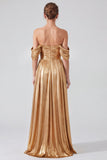 Gold A Line Pleated Metallic Long Formal Dress with Slit