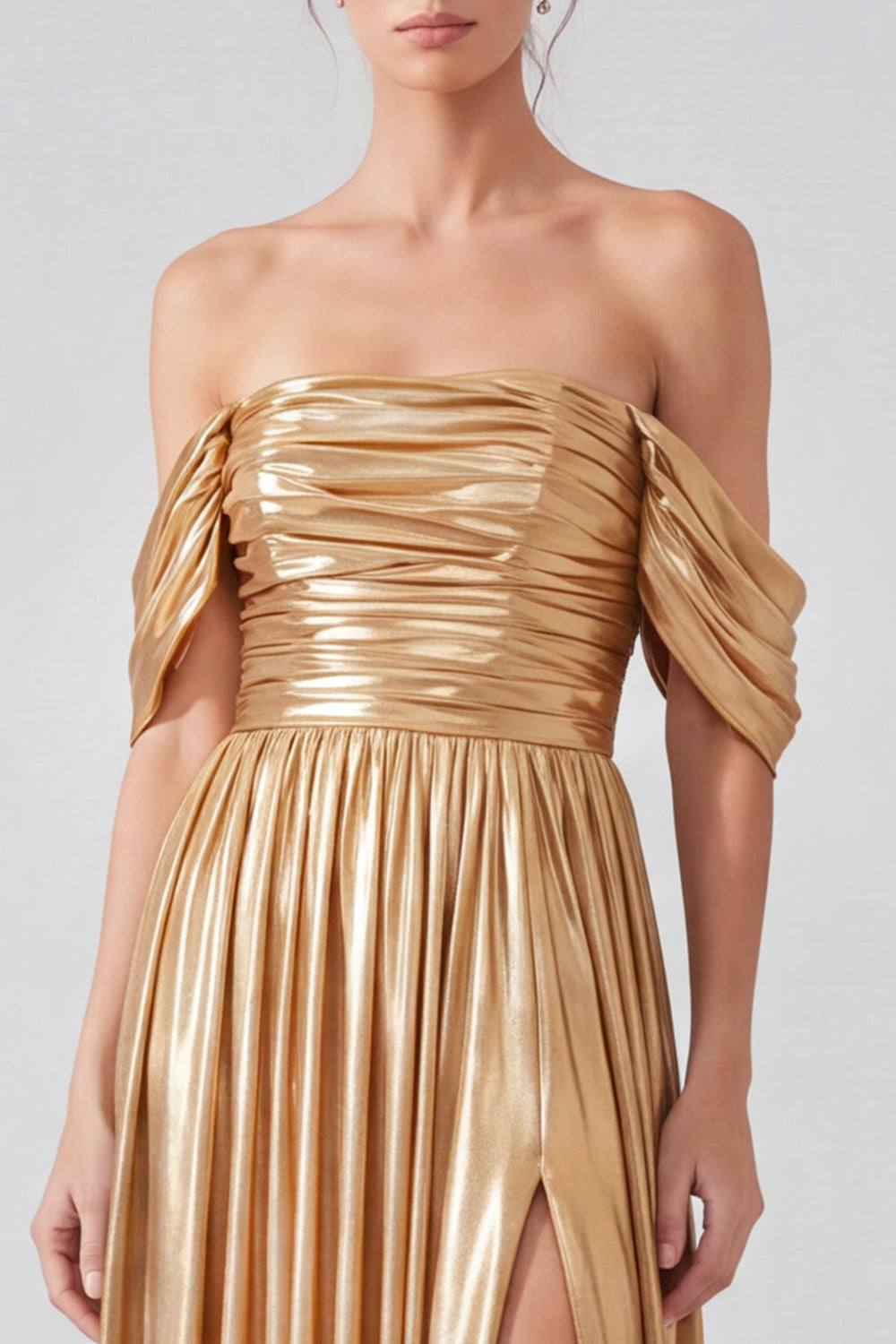 Gold A Line Pleated Metallic Long Formal Dress with Slit