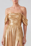Gold A Line Pleated Metallic Long Formal Dress with Slit