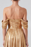 Gold A Line Pleated Metallic Long Formal Dress with Slit