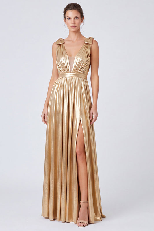 Gold Metallic A Line Long Pleated Formal Dress with Bows