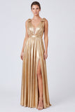 Gold Metallic A Line Long Pleated Formal Dress with Bows