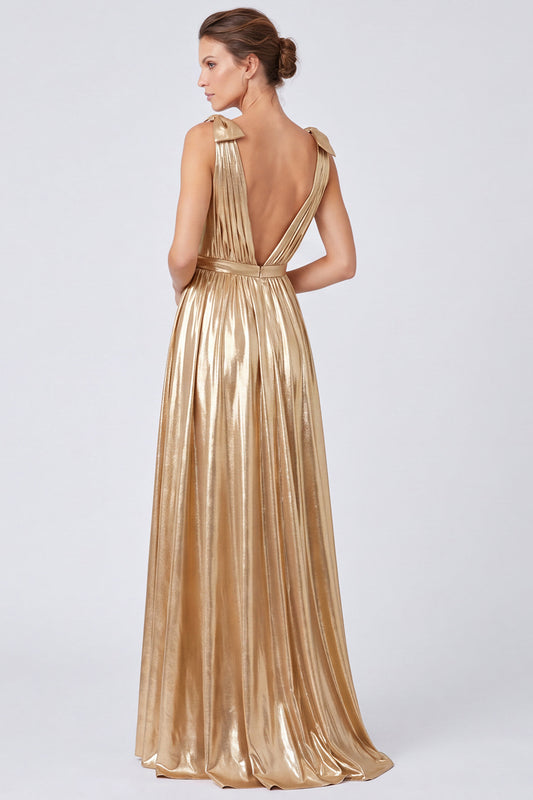 Gold Metallic A Line Long Pleated Formal Dress with Bows