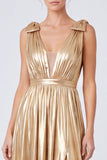 Gold Metallic A Line Long Pleated Formal Dress with Bows