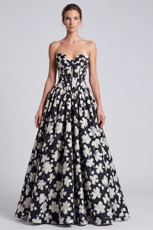 Black White Flower Sweetheart A Line Long Corset Formal Dress