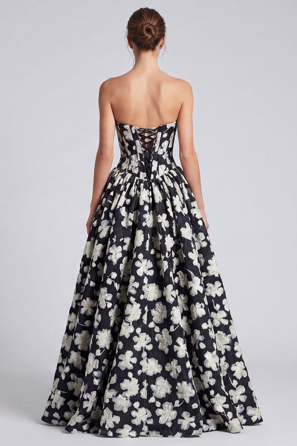 Black White Flower Sweetheart A Line Long Corset Formal Dress